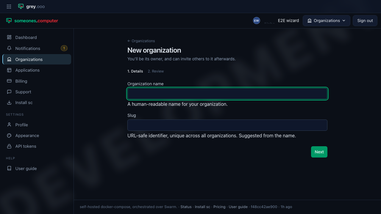 New organization — Details step, empty